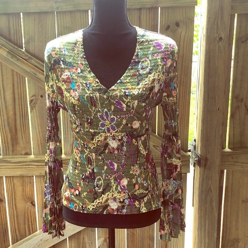 Le Caviar Olive Green Floral Long Bell Sleeve Top
